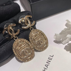 Luxury Gold Double-C Hoop Earrings with Crystal Medallion Pendant