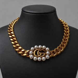 olive gold pearl necklace on black bust