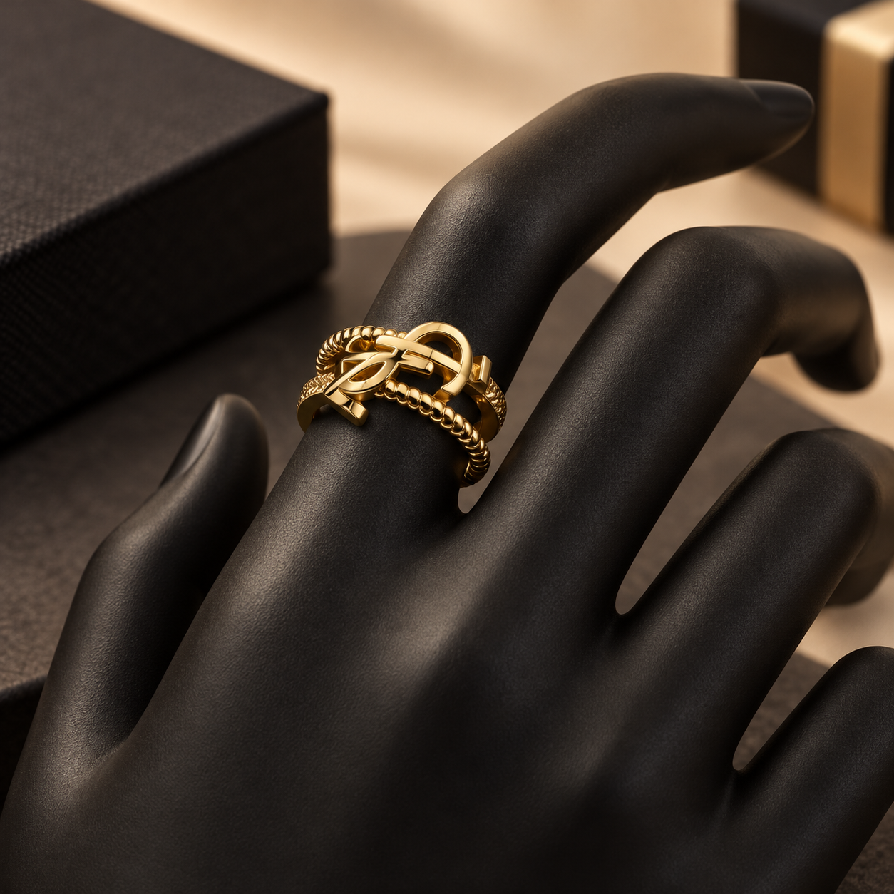 sculptural gold ring on black mannequin hand bag sculptural gold ring on black mannequin hand bag
